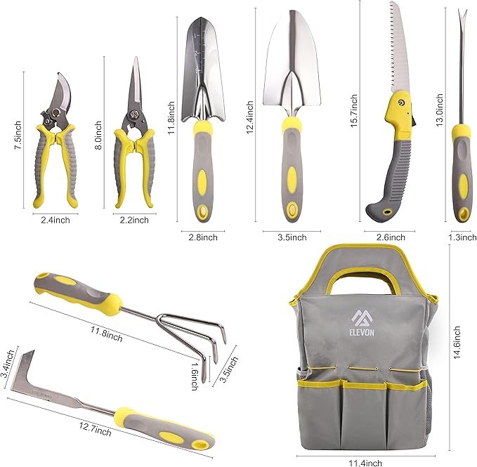 Elevon Garden Tool Set, 9 PCS Stainless Steel Heavy Garden Tools, Garden Tool Set with Waterproof Storage Bag, Suitable for Planting, Digging and Pruning, The Best Choice for Garden Lovers