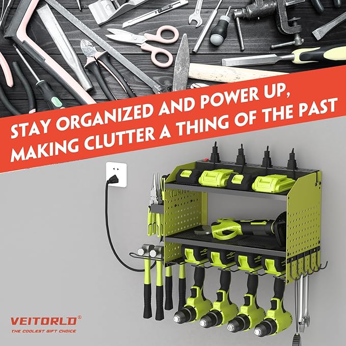 Veitorld Power Tool Organizer with Charging Station, Heavy Duty Modular Wall Mount Rack for Garage - 4 Drill Holders, Tool Storage Organizer, Christmas Birthday Gifts for Men Him Dad Husband