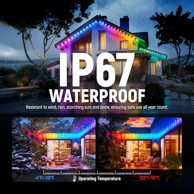 NEEWER 96ft Permanent Outdoor Lights for House Decor, Smart AI RGBCW Outside Eaves String Christmas Lighting with 60 LED Lights App Control 53 Scenes IP67 Waterproof, Compatible with Alexa, NR02