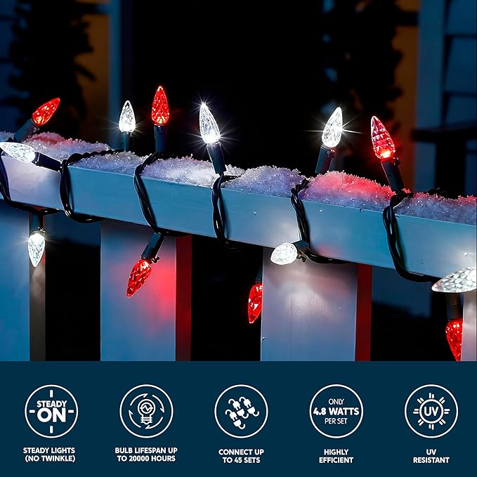 Joiedomi C6 Red & White Christmas Lights, 100 LED Steady On Strawberry Lights, 33.66 FT Connectable Christmas String Lights for Indoor Outdoor Party Home Yard Xmas Tree House Decorations, Green Wire