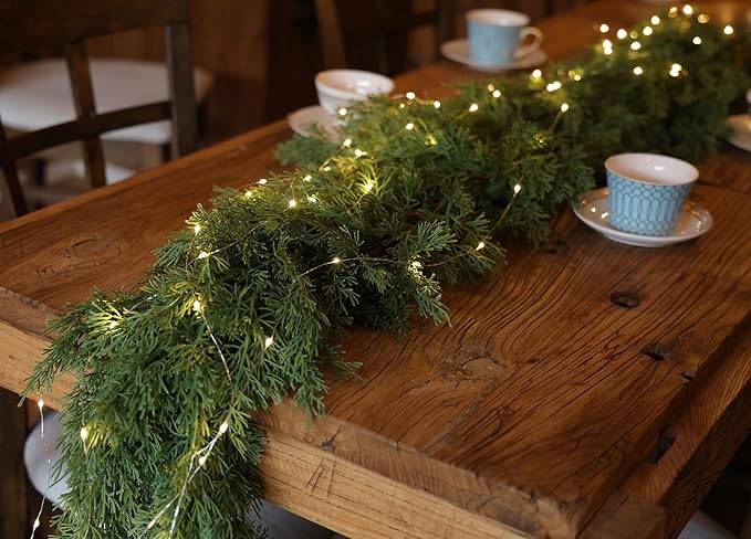 6FT Christmas Garland PARTY JOY Cedar Garland with 9.8FT LED String Lights, Greenery Plant for Christmas Decorations Table Mantle Background Wall Room Outdoor Indoor Winter Decoration