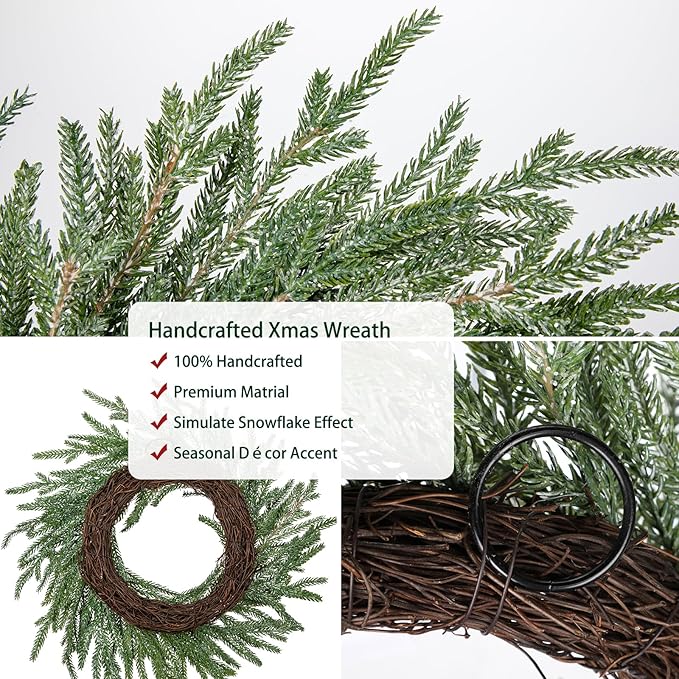 Norfolk Pine Wreath, 16 inch Christmas Wreath for Front Door Christmas Door Wreaths Artificial Pine Green Wreath for Wall Window Mantle Indoor Outdoor Christmas Decorations