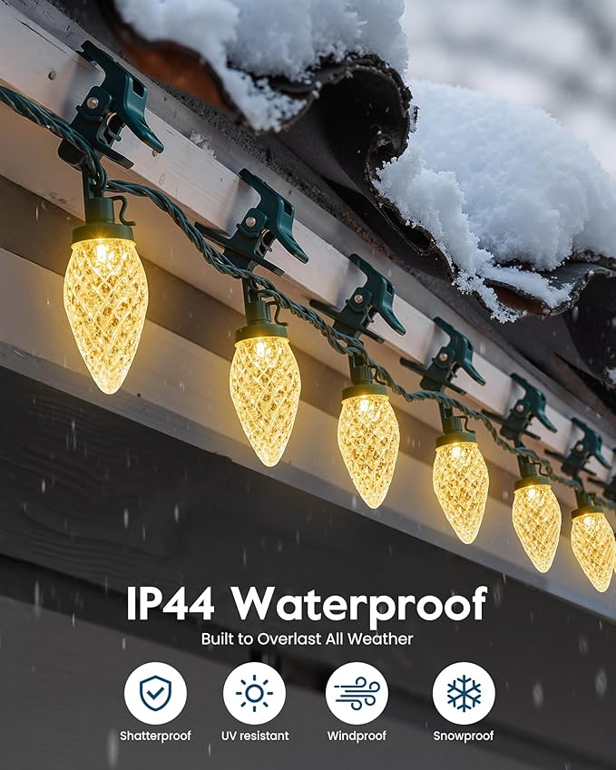C9 LED Christmas Lights Outdoor with 100 Spring Clips, 81FT 100 LED C9 String Lights Waterproof Connectable for Outside Roofline Patio House Yard Windows Garden Christmas Decorations, Warm White
