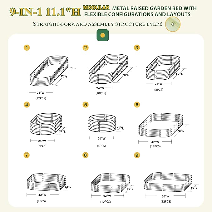 MUPATER 8x2x1 ft Raised Garden Bed Outdoor for Vegetables, 9-in-1 Galvanized Metal Planter Box, 11.1" H Modular Garden Bed Kit Oval for Herbs and Flowers, Grey