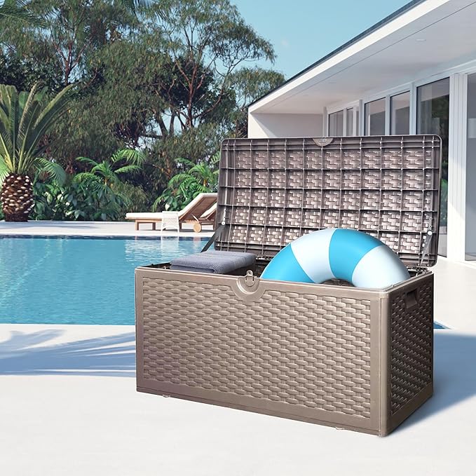80 Gallon PLUS Lockable Deck Box, Waterproof & UV-Resistant Outdoor Storage for Patio Cushions, Heavy Duty Resin Deck Storage Container(Brown)
