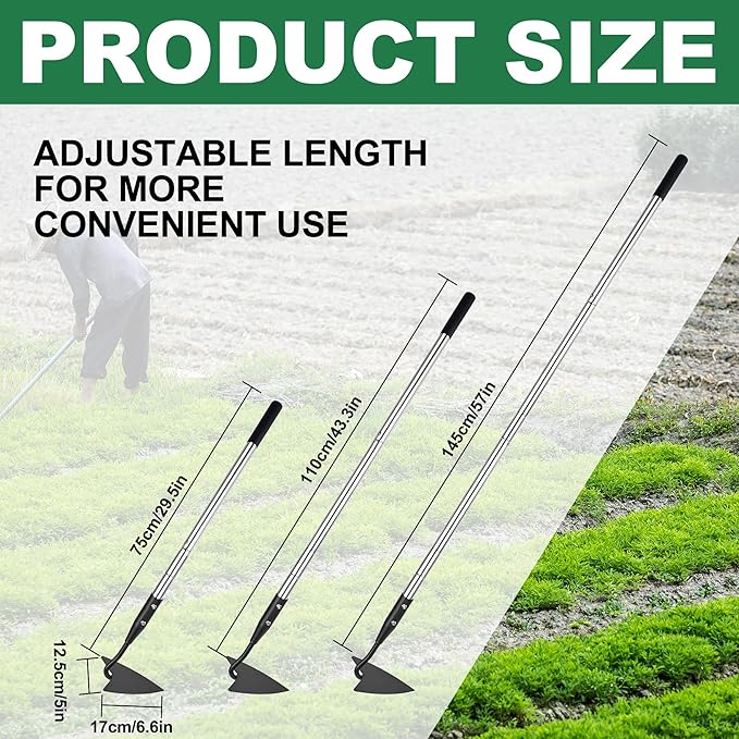 Warren Hoe, Carbon Steel Triangle Garden Hoe with Stainless Steel 57" Adjustable Long Handle, Heavy Duty Gardening Hand Tools Hoe for Ridging Weeding Digging Loosening Edging Soil, balck
