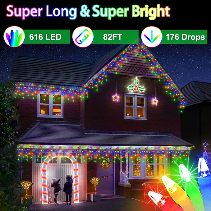 82FT LED Christmas Lights Outdoor with 176 Drops, Christmas Decorations Hanging Lights 616 LED 8 Modes, Outsite Fairy String Lights for Wedding Party Holiday Winter Wonderland Decorations Multicolor