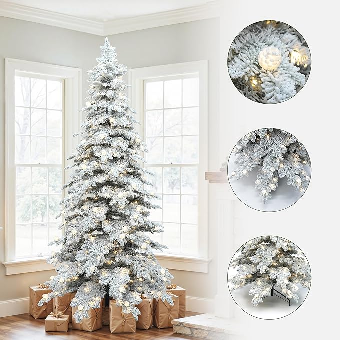 LuxenHome 7FT Flocked Christmas Tree with Lights, Downswept Slim Prelit Christmas Tree with 400 Adjustable LED Globe Lights, 1196 PE+PVC Tips, Lighted Xmas Trees for Holiday Decoration