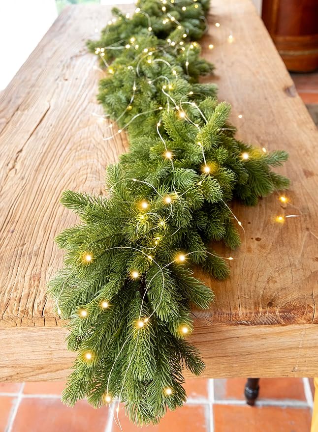 6FT Christmas Garland PARTY JOY Pine Garland with 9.8FT LED String Lights, Greenery Plant for Christmas Decorations Table Mantle Background Wall Room Outdoor Indoor Winter Decoration
