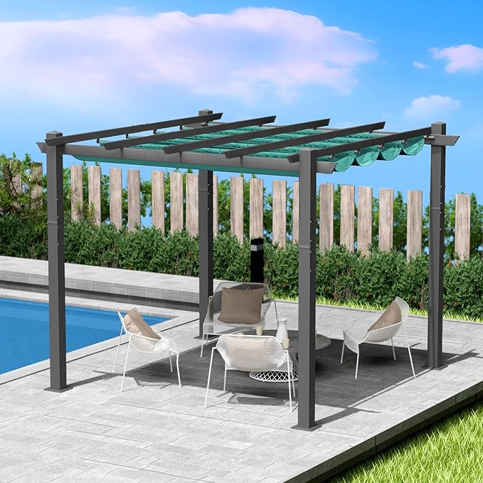 Kozyard Morgan Outdoor Retractable Pergola with Sun Shade Canopy Patio Aluminum Pergola Shelter for Backyard Deck Garden Modern Metal Grill Gazebo (10' x 10', Blue)