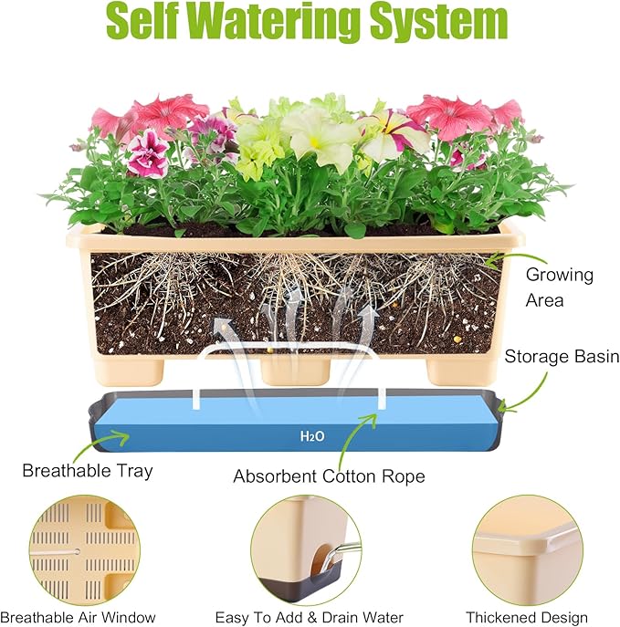 Window Box Planter 8 Pcs, 17 Inches Rectangle Flower Pots with Drainage Holes and Trays, Vegetable Planters for Windowsill Patio Garden Balcony Home Porch Yard Indoor Outdoor (Barley Yellow)