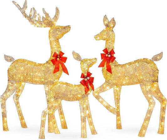 Best Choice Products 3-Piece Large Lighted Christmas Deer Family Set 5Ft Outdoor Yard Decoration with 360 LED Lights, Stakes, Zip Ties - Gold
