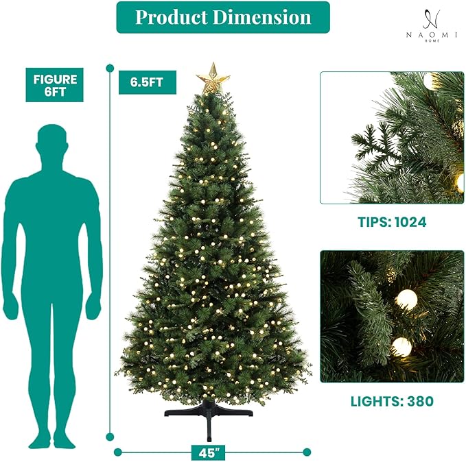 Evangeline 6.5ft Rotating Christmas Tree with Star Projector, 1024 Branch Tips, 380 Warm Lights and Rotating Base, 45" Wide Realistic Traditional Christmas Tree with Lights by Naomi Home