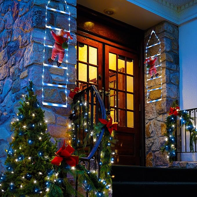 Toodour LED Christmas Light - 2.5FT Christmas Decorative Ladder Lights with Santa Claus, Xmas Decorations Light for Indoor Outdoor, Window, Garden, Home, Wall, Xmas Tree Decor - White & Blue