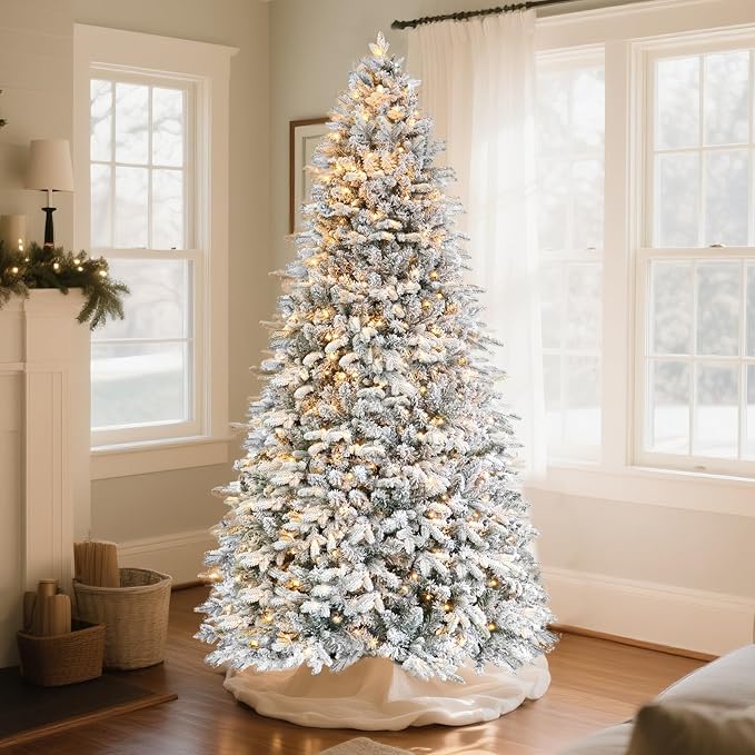 Rotating Flocked Christmas Tree 6.5ft - Prelit Musical Artificial Xmas Tree with Remote Control, 1036 PE & PVC Mixed Tips, 8 Modes 330 Multicolor LED Lights for Holiday Decor