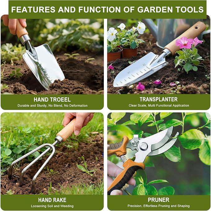 Kynup Gardening Tools, Garden Tools Set-7 Piece, Gardening Kit with Spade, Ideal Hand Garden Tool Gifts for Women, Thickened Stainless Steel, Rust-Proof, Garden Supplies, Garden Stuff