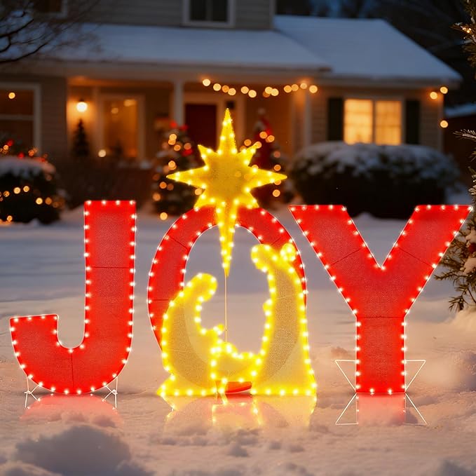 Prsildan 3.3FT x 2FT Christmas Decorations Outdoor- Lighted Joy Yard Sign, Outdoor Nativity Scene Set with 250 LEDs, Outside Christmas Decor for Porch, Lawn