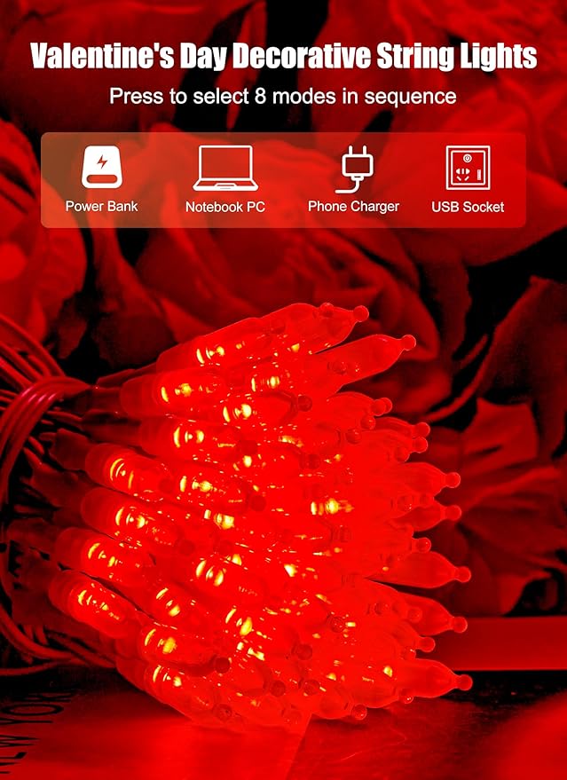 Minetom Valentines Decor Red Lights, 39 Feet 100 LED Mini Valentines String Lights USB Operated, Waterproof Tree Lights Indoor for Home Bedroom Holiday Decorations