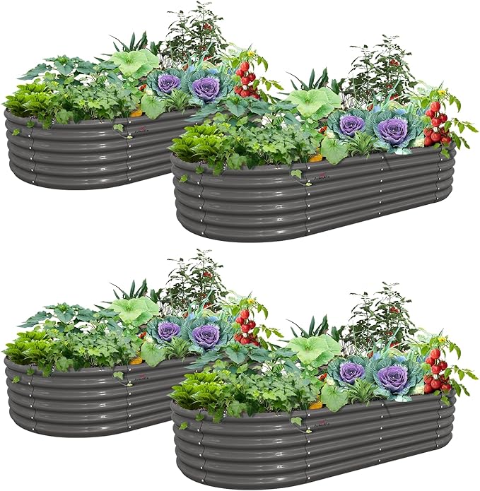 A ANLEOLIFE 4 Pcs 8X4X1.5 ft Oval Large Galvanized Raised Garden Beds Outdoor for Planting Vegetables Flowers Herb, Quartz Grey