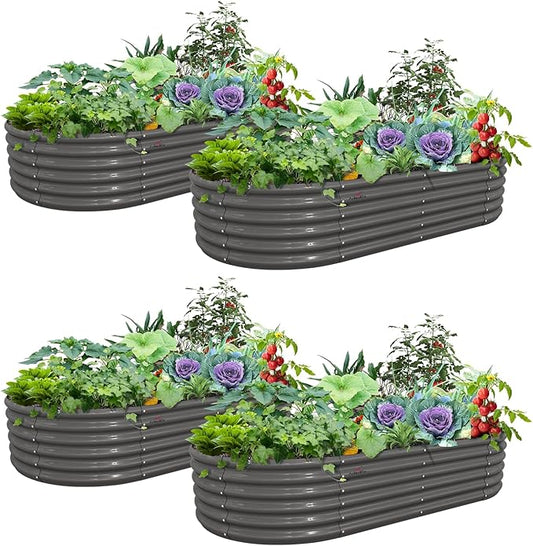 A ANLEOLIFE 4 Pcs 8X4X1.5 ft Oval Large Galvanized Raised Garden Beds Outdoor for Planting Vegetables Flowers Herb, Quartz Grey