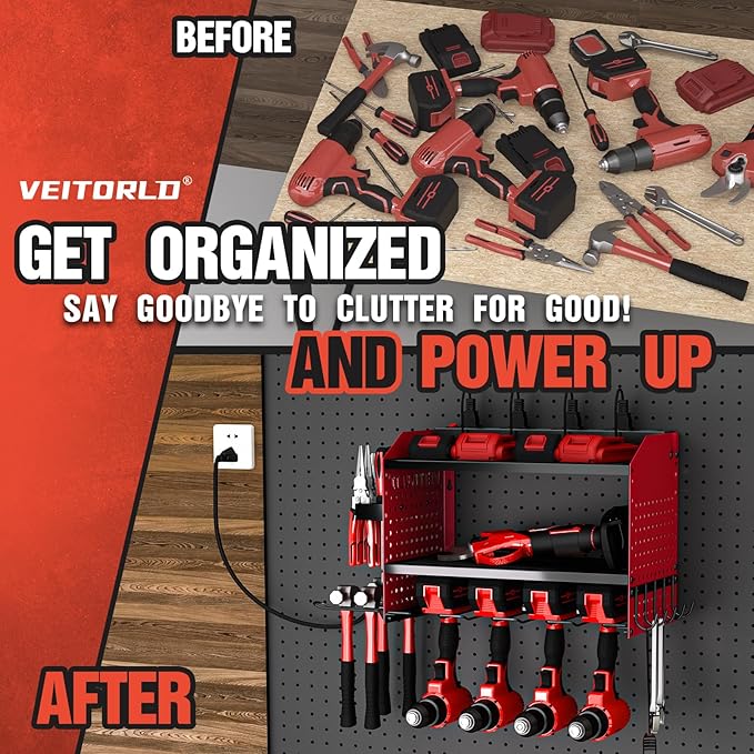 Veitorld Power Tool Organizer with Charging Station - 4 Drill Holders - Heavy Duty Modular Wall Mount Rack for Garage, Tool Storage Organizer - Christmas Birthday Gifts for Men Dad Him Husband