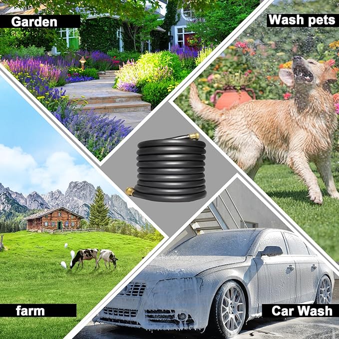 Aain 100FT 5/8 Heavy Duty Flexible Durable Rubber Garden Hose with Brass Fittings Kink Free Leakproof for Gardening Agriculture Car Washing Black