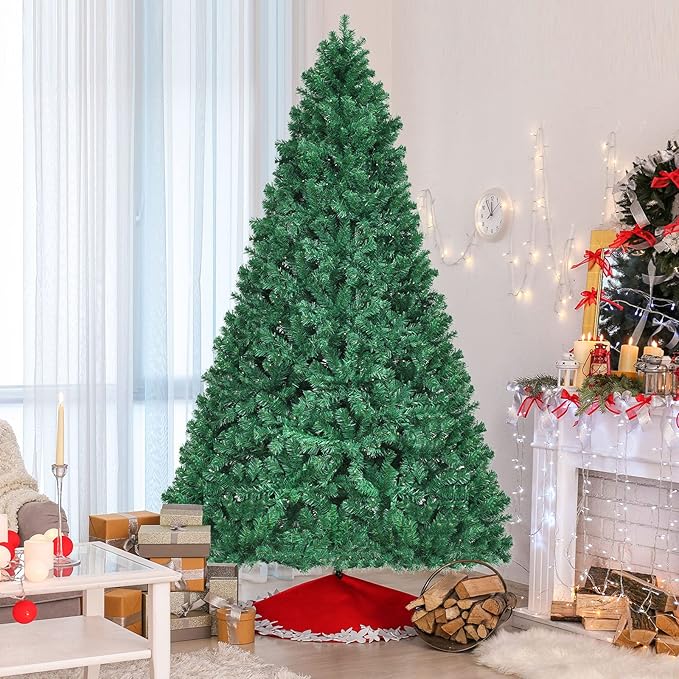 8ft Prelit Christmas Tree, Indoor Xmas Tree w/Pre-Strung 430 Warm White LED Lights, 1438 PVC Branch, Metal Hinge& Foldable Base, Artificial Christmas Tree for Home, Holiday, Party Decoration