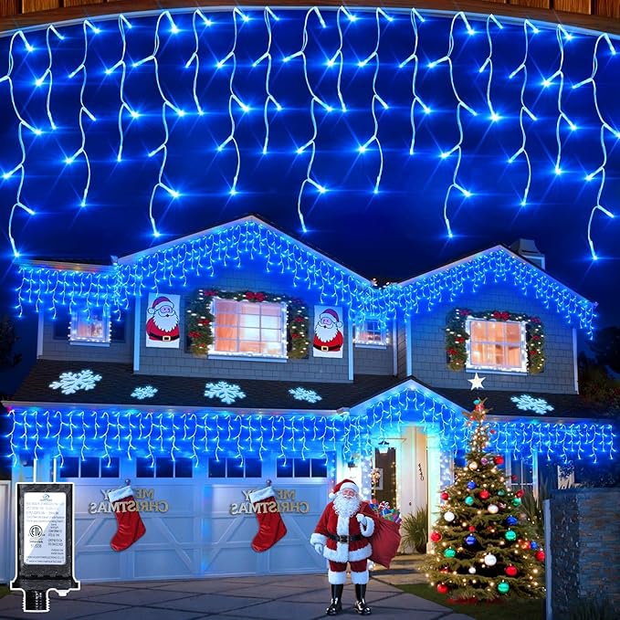 504 LED Christmas Lights with 112 Drops, 50ft 12 Modes Blue Fairy String Lights with Timer Dimmable, Waterproof Twinkle Lights for Indoor Outdoor Holiday Wedding Party Eaves Yard Yard Christmas Decor