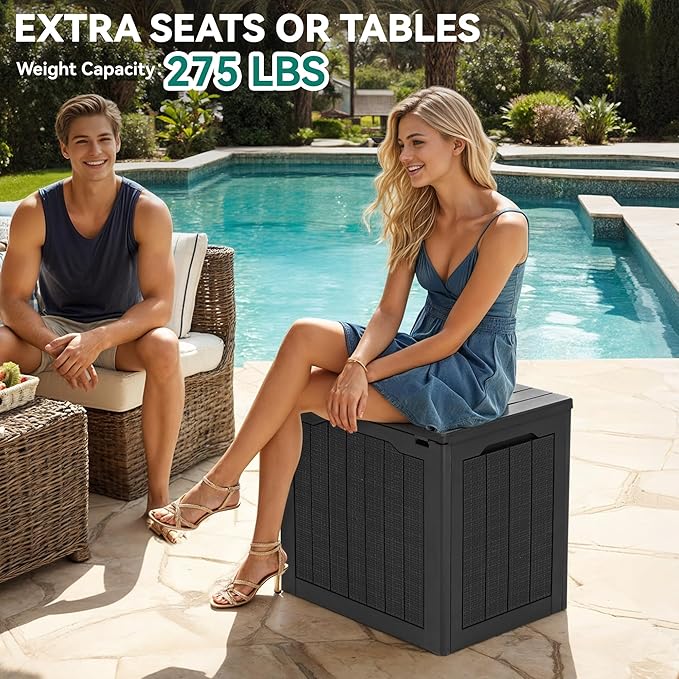 YITAHOME 30 Gallon Resin Deck Box, Weather Resistant Outdoor Rattan Storage Box, Lockable Indoor Outdoor Storage for Supplies and Essentials, Black