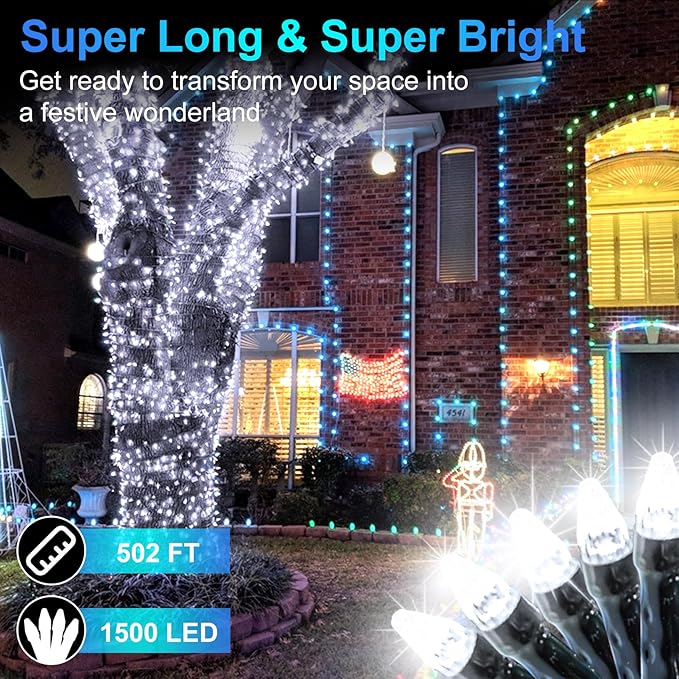 1500 LED 502ft Outdoor Christmas Lights Super Long String Lights 8 Modes Timer Memory, Outsite Waterproof Dark Green Wire Fairy Light Strings for Xmas Tree Wedding Holiday Party Decorations Cool White