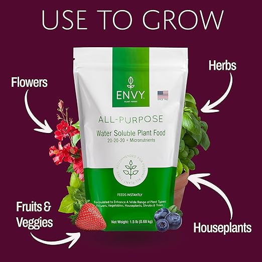 ENVY All-Purpose Plant Food | 100% Water Soluble, Professional Grade | Fertilizer for All Plants - Resealable Pouch W/Measuring Scoop (3 lb)