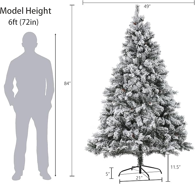 LuxenHome 7ft Flocked Christmas Tree with Lights, Full Artificial Christmas Tree with 350 Warm White LED Lights, and Snow Flocked Branches, Prelit Pine Tree for Indoor, Outdoor Holiday Décor