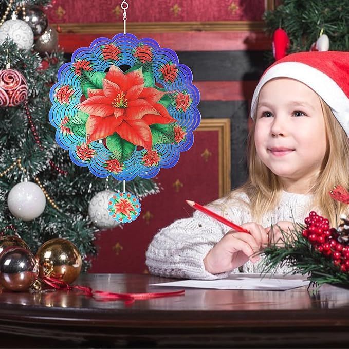 Wind Spinners Outdoor Christmas Poinsettia - Birthday Gifts for Women Mom Grandma, Hanging Wind Sculptures 12 inch 3D Wind Spinner for Garden Decor for Outside, Garden, Patio, Yard, Outdoor（Red