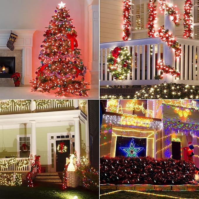 WATERGLIDE C6 Christmas Lights, 100 LED 33ft Faceted Fairy Lights Green Wire String Lights with Safe Adaptor, 8 Lighting Mode, Waterproof for Indoor Outdoor Patio Xmas Tree Party Decor, White & Red