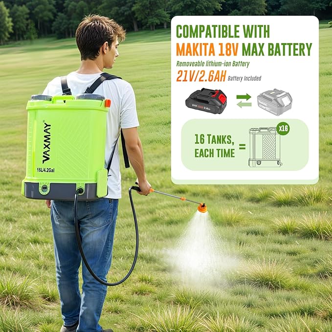 Battery Powered Backpack Sprayer 4 Gallon, VAXMAY 100 PSI Electric Graden Sprayer Works with Makita 18V Battery, Weed Yard Sprayer with Telescopic Wand, 5 Nozzles, 2.6 Ah Battery & Charger Included