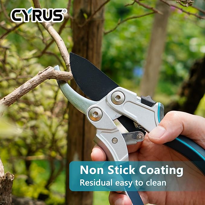 CYRUS Pruning Shears for Gardening,8" Pruning Shears Heavy Duty Wheel Effortless Pruning Non Stick Coating Blade with Anti Slip Handle Scissors Widely Used for Gardening, Hydrology, Grow Tents