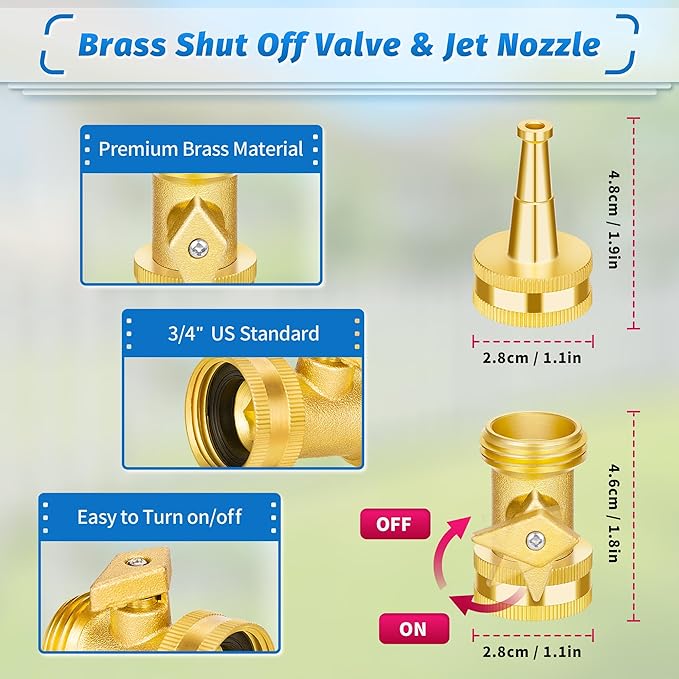 AUTOMAN Brass Hose Nozzle - High Pressure Jet Nozzle 4 Count (2 Set), Heavy Duty Water Hose Sprayer Sweeper with Hose Shutoff Valve, 3/4” GHT Nozzles for Garden Hose, Car Wash, Extra 10 Rubber Washers