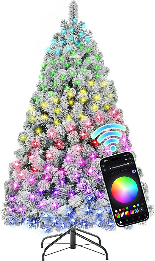 HOLLO STAR 4.5 ft Flocked Prelit Christmas Tree with 200 LED Lights, App Control, Artificial Christmas Tree, Multi-Color RGBW Lights, 400 Branch Tips, Snow Xmas Tree, for Home, Party