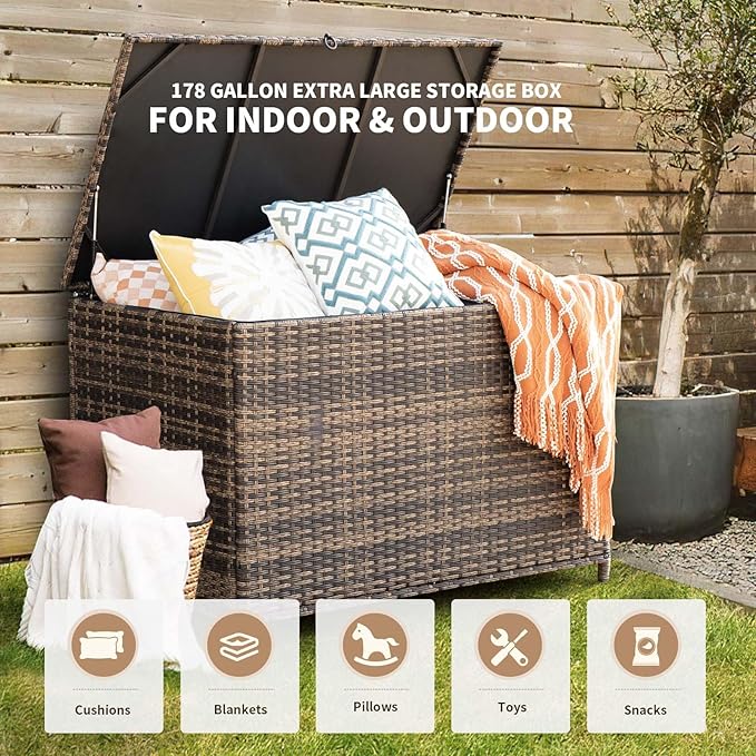 MEISSALIVVE 178 Gallon Outdoor Storage Box, Handle Large Portable Wicker Rattan Deck Box for Patio Furniture Cushions, Patio Deck Box with 2 WheelsThrow Pillows, Garden Tools and Pool Floats (Brown)