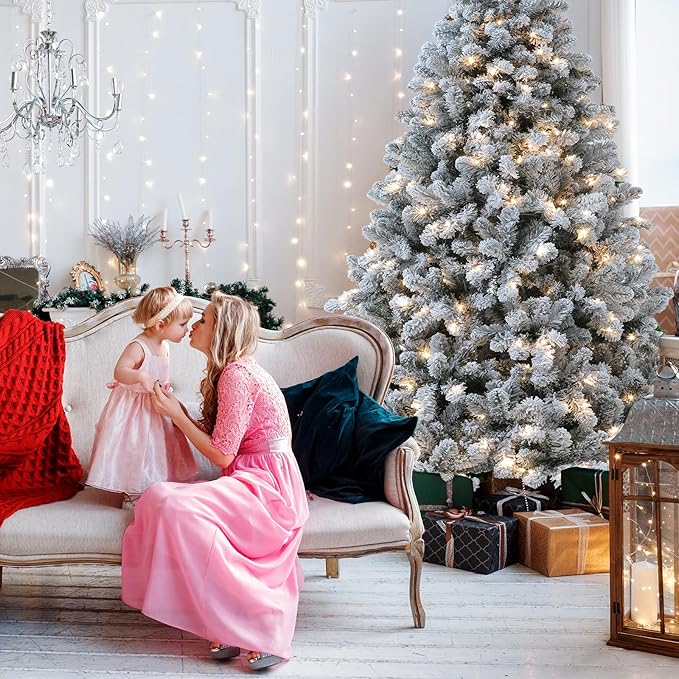 Flocked Christmas Tree, 6 ft Prelit Christmas Tree with Lights, 10 Functions, 250 Lights, Spruce Artificial Christmas Tree Prelit with Realistic Tips & Sturdy Metal Base Easy Assembly