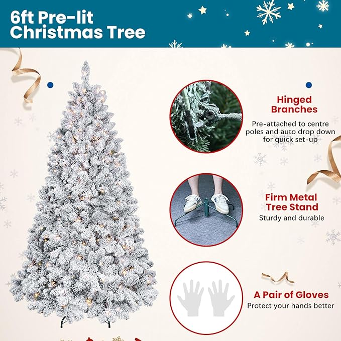 6ft Pre-lit Christmas Tree, Flocked Christmas Tree with 350 UL Lights & Pine Cones & 888 Tips, Snow Frosted Artificial Christmas Tree Prelit, Auto Hinged Spruce Xmas Tree for Holiday Decor