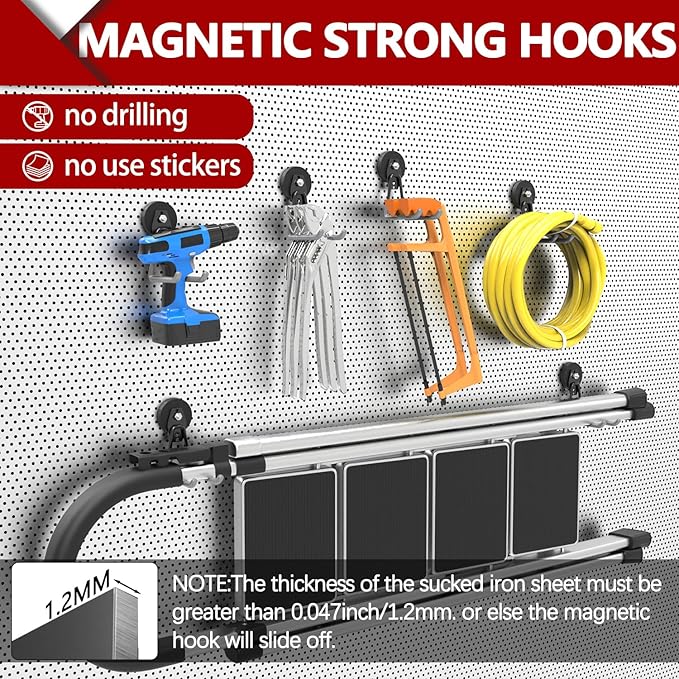 3-H Heavy Duty Magnet Garage Hooks 4 Pack, Extra Large Strong Magnetic Hooks for Hanging Cordless Power Drill, Utility Magnetic Tool Holder for Metal Cabinet, Steel Pegboard, Toolbox, Garage(Grey)