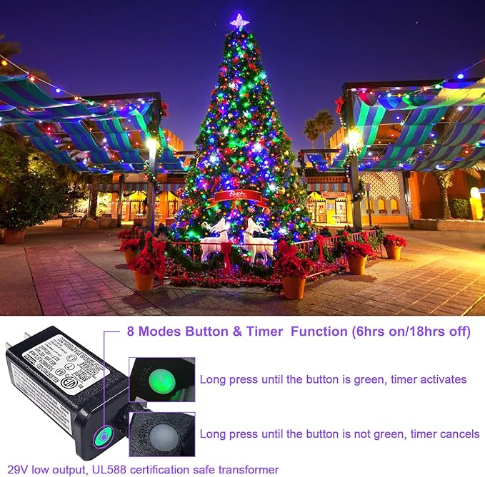 JMEXSUSS 200 LED Multicolor Christmas Lights Outdoor Waterproof, 66ft Expandable Green Wire, 8 Modes Timer Function, Ideal for Home Party Indoor Xmas Decorations