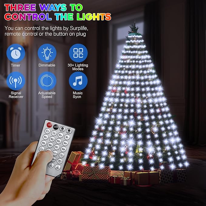 30+ Modes Ring Christmas Tree Lights Indoor Outdoor - 6.56Ft x 12 Lines 288 LED Easy App Control Color Changing Timer Remote Waterproof for 6 7 Ft Xmas Trees (Cool White to Multicolor)