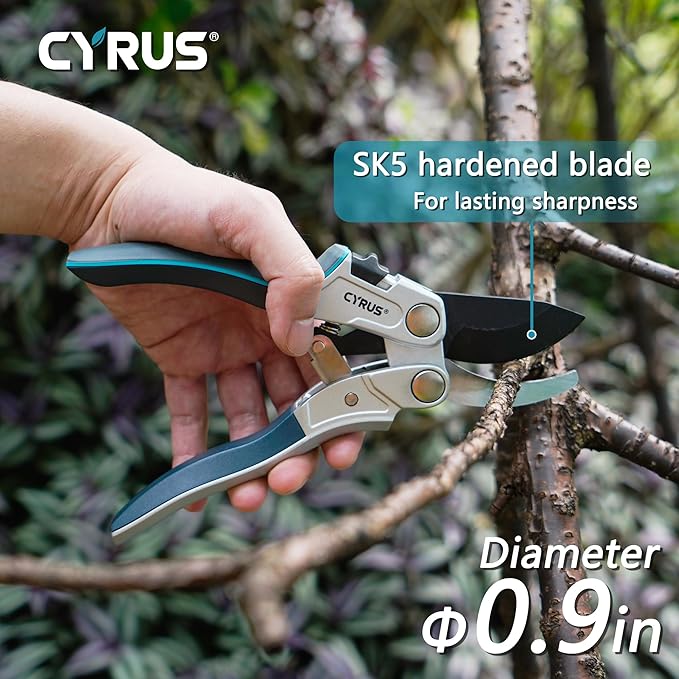 CYRUS Pruning Shears for Gardening,8" Pruning Shears Heavy Duty Wheel Effortless Pruning Non Stick Coating Blade with Anti Slip Handle Scissors Widely Used for Gardening, Hydrology, Grow Tents