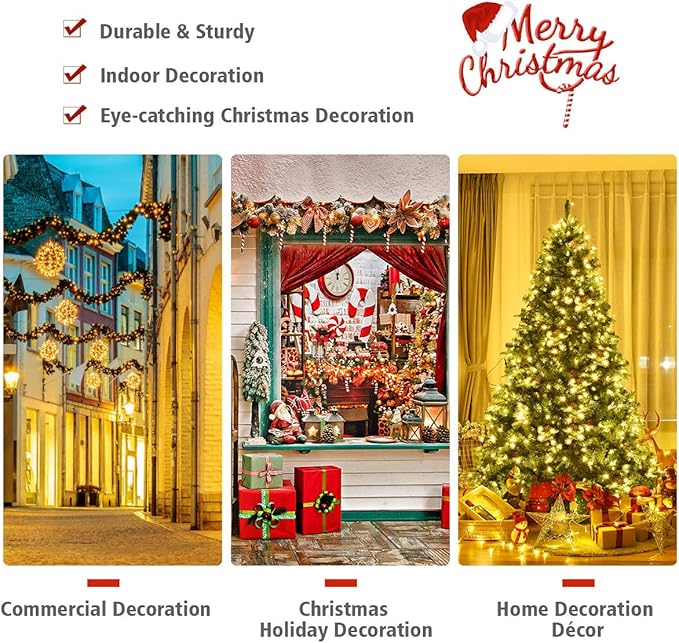 GOFLAME 7.5ft Artificial Pre-lit Christmas Tree with Warm White LED Lights and Pine Cones, Home Holiday Décor, Hinged, 1125 Branches for Indoor Decoration, Easy Setup