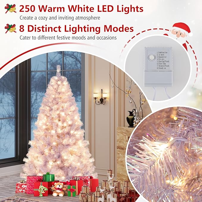 Goplus 6 FT Pre-Lit Tinsel Christmas Tree, Artificial Hinged Xmas Tree with 250 Warm White LED Lights, 8 Modes, 688 Lush Branch Tips, Metal Stand, Home Office Seasonal Holiday Decoration, Lavender