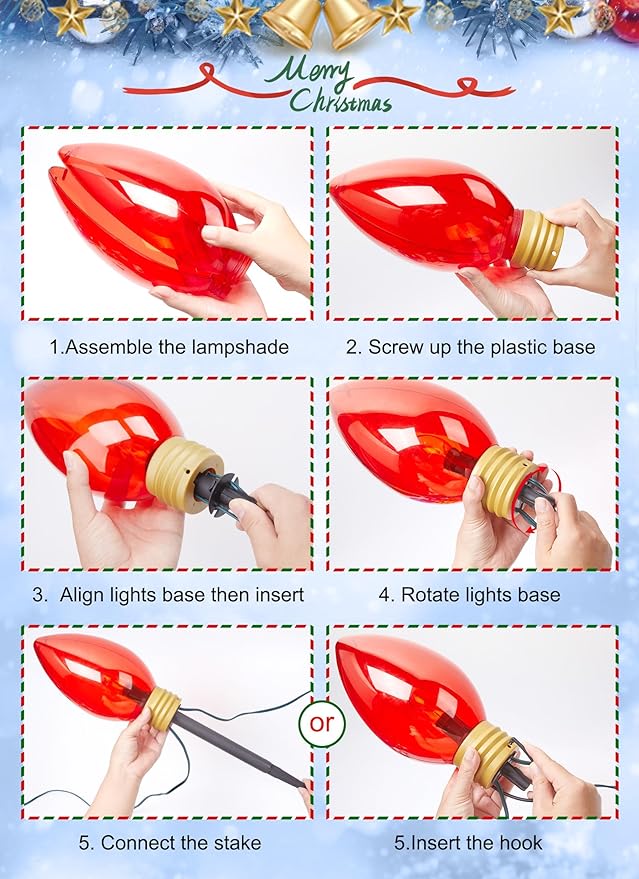 Minetom 2 Pack Super Jumbo Christmas String Lights or Pathway Marker Lights, Outdoor Xmas Decorations, 11Ft 5 LED Jumbo C9 Hanging Light Waterproof Lawn Dec for Holiday Home Tree Roof Yard, Multicolor