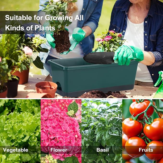 Window Box Planter 8 Pcs, 17 Inches Rectangle Flower Pots with Drainage Holes and Trays, Vegetable Planters for Windowsill Patio Garden Balcony Home Porch Yard Indoor Outdoor (Dark Green)