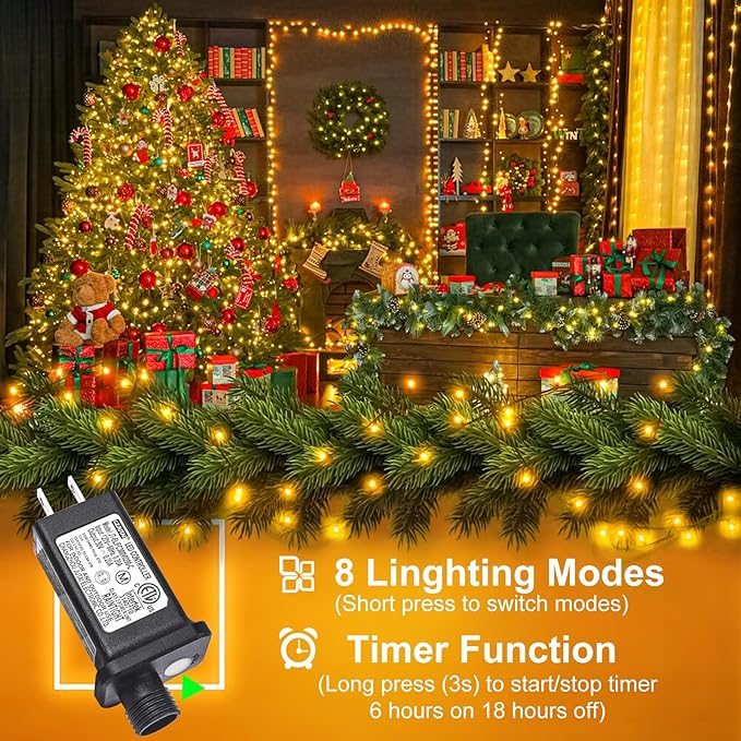 262FT 800 LED Christmas Lights, Plug in Warm White Christmas Tree Lights Outdoor with Timer and 8 Modes, Green Wire Waterproof String Lights for Indoor Yard Patio Xmas Holiday Decorations